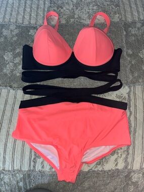 Swimsuits For All Neon Coral and Black Two-Piece High-Waist Bikini